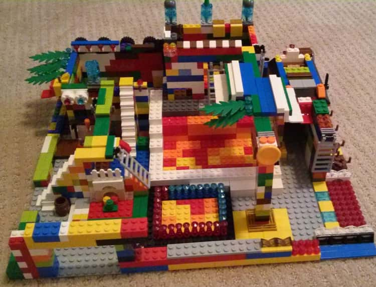 Lego model built without a random kit, showing a messy, disshelved approximation of a town, or something